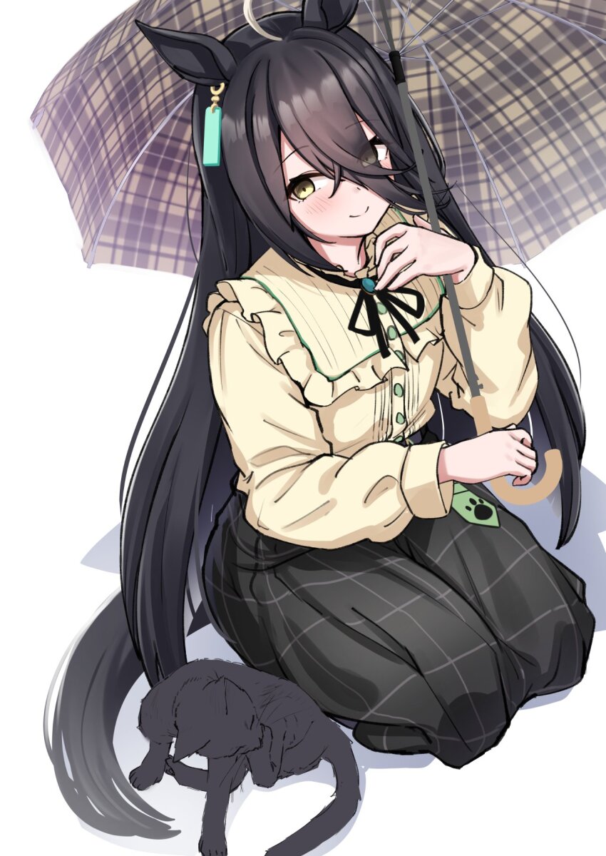 1girl, ahoge, animal_ears, black_cat, black_hair, black_skirt, casual, cat