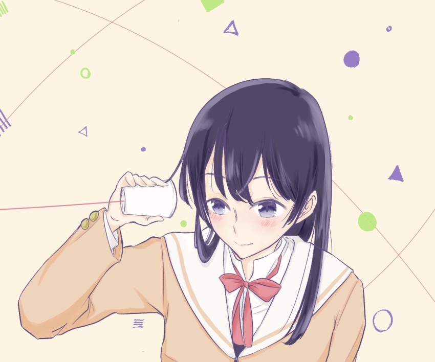 1girl, blush, brown_shirt, cup, hectopascal, holding, holding_cup, long_hair