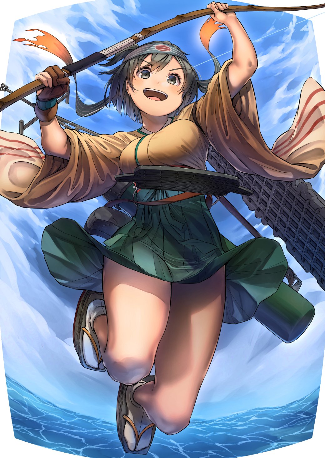 1girl, archery, blush, bow_(weapon), breasts, brown_eyes, brown_hair, cloud