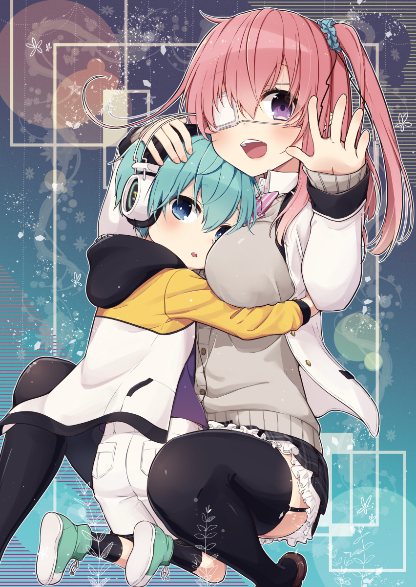 1boy, 1girl, age_difference, black_garter_straps, black_skirt, black_socks, black_thighhighs, blue_eyes