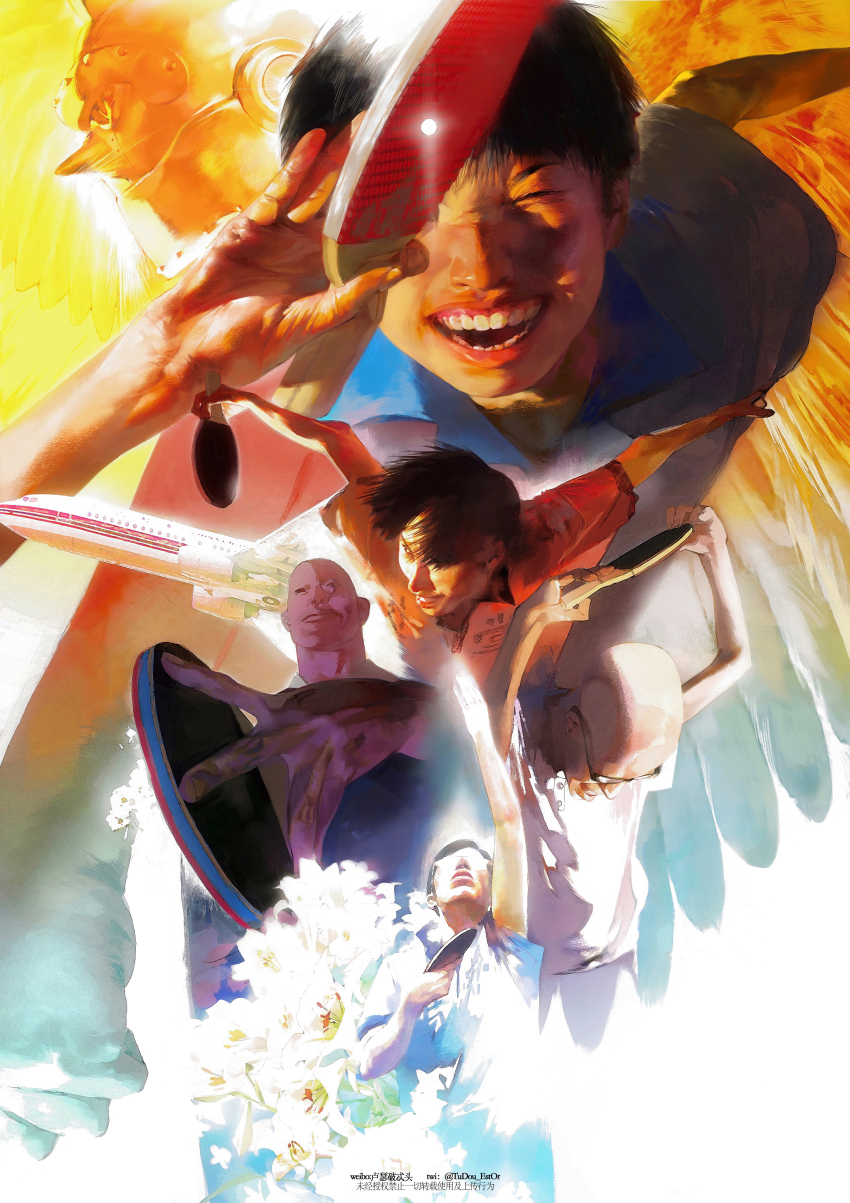 5boys, absurdres, aircraft, airplane, arm_up, bald, black_hair, closed_eyes