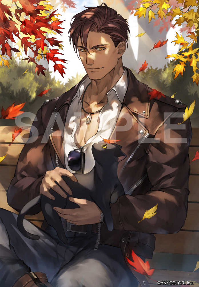 1boy, animal, autumn_leaves, belmond_banderas, belmond_banderas_(9th_costume), belt_buckle, bench, black_cat