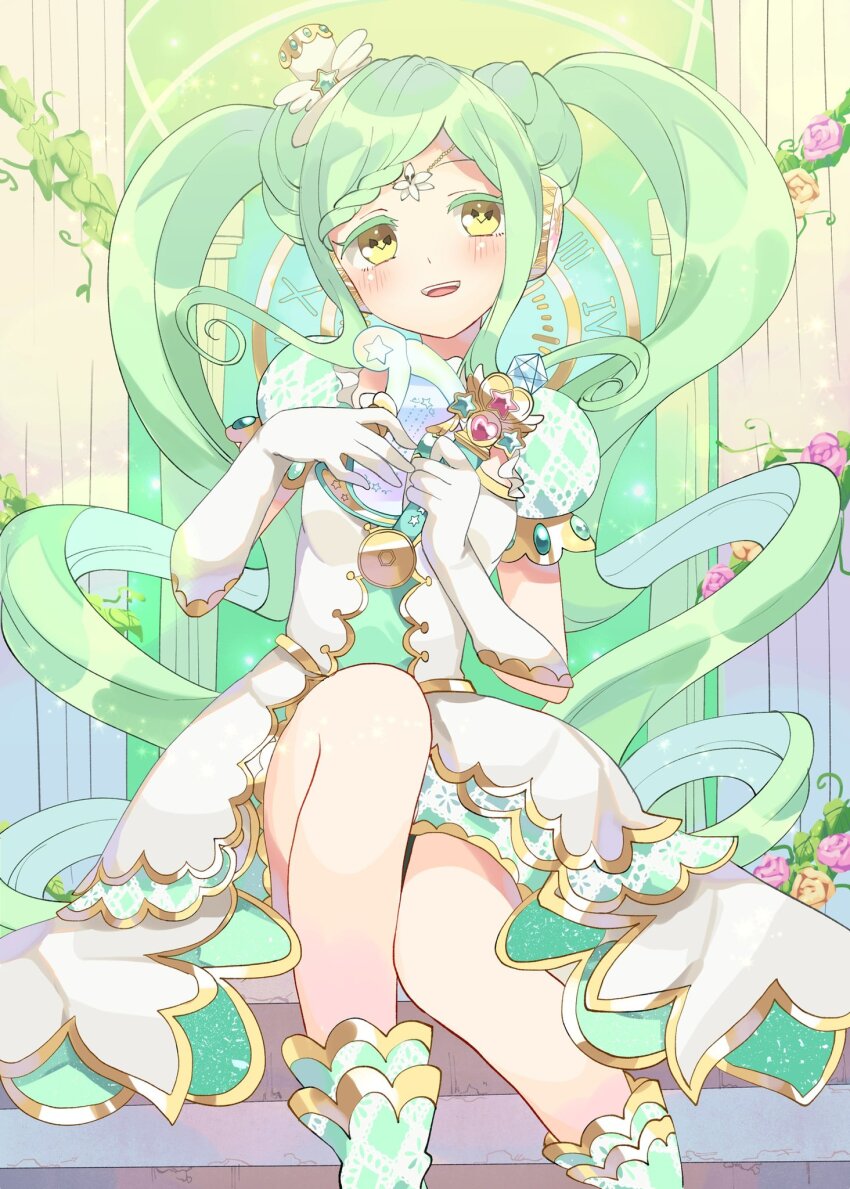 1girl, :d, braid, braided_bangs, clock, column, dress, falala_a_larm, feet_out_of_frame, flower, gem, gloves, gold_trim, green_gem, green_hair, hands_up, harp, hat, head_chain, headphones, highres, idol_clothes, idol_time_pripara, instrument, jewelry, lolita_fashion, long_hair, looking_at_viewer, marueri, mini_hat, open_mouth, pillar, pink_flower, pink_rose, playing_harp, pretty_series, pripara, puffy_short_sleeves, puffy_sleeves, rose, short_sleeves, sitting, smile, solo, symbol-shaped_pupils, twintails, very_long_hair, white_dress, white_gloves, white_hat, yellow_eyes, yellow_flower, yellow_rose