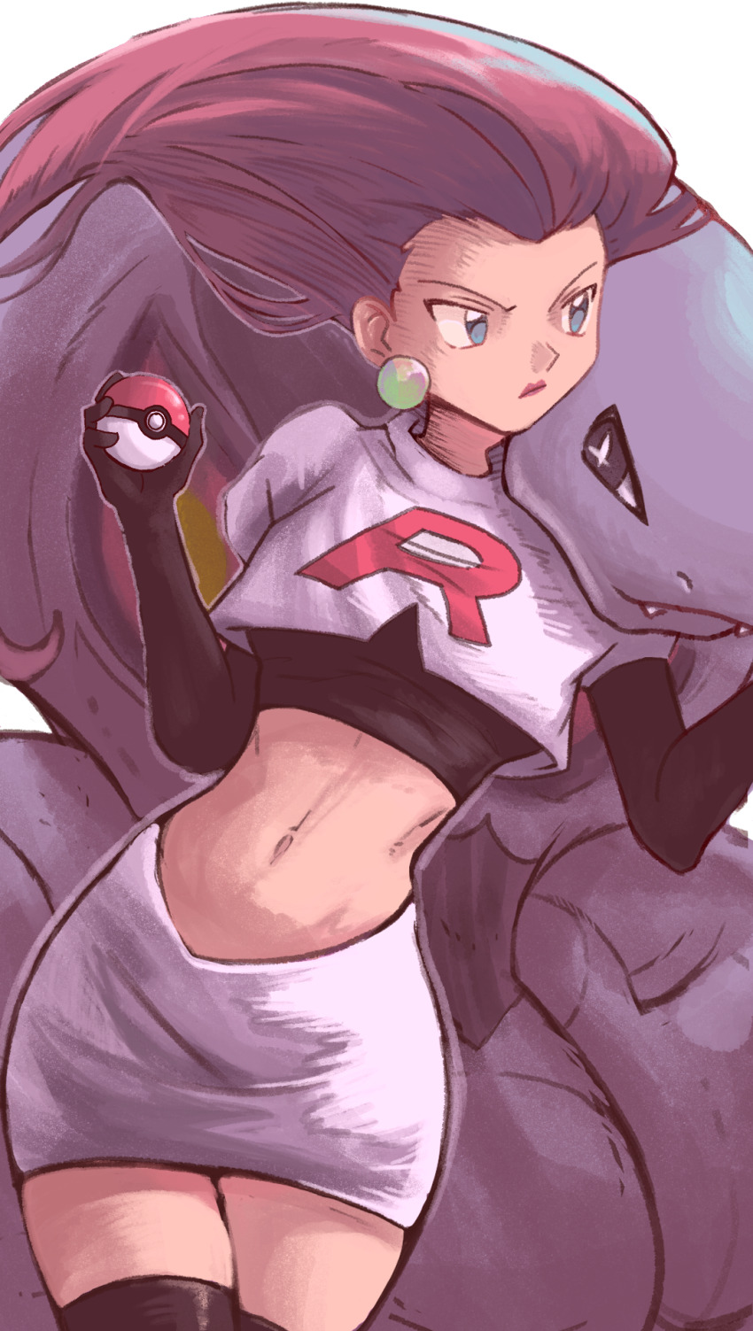 1girl, arbok, blue_eyes, boots, closed_mouth, commentary_request, cropped_jacket, earrings, elbow_gloves, gen_1_pokemon, gloves, highres, holding, holding_poke_ball, jacket, jessie_(pokemon), jewelry, jjfsantos, lipstick, logo, long_hair, looking_to_the_side, makeup, navel, nintendo, poke_ball, poke_ball_(basic), pokemon, pokemon_(anime), pokemon_(classic_anime), pokemon_(creature), shirt, skirt, team_rocket, team_rocket_uniform, thigh_boots, white_background