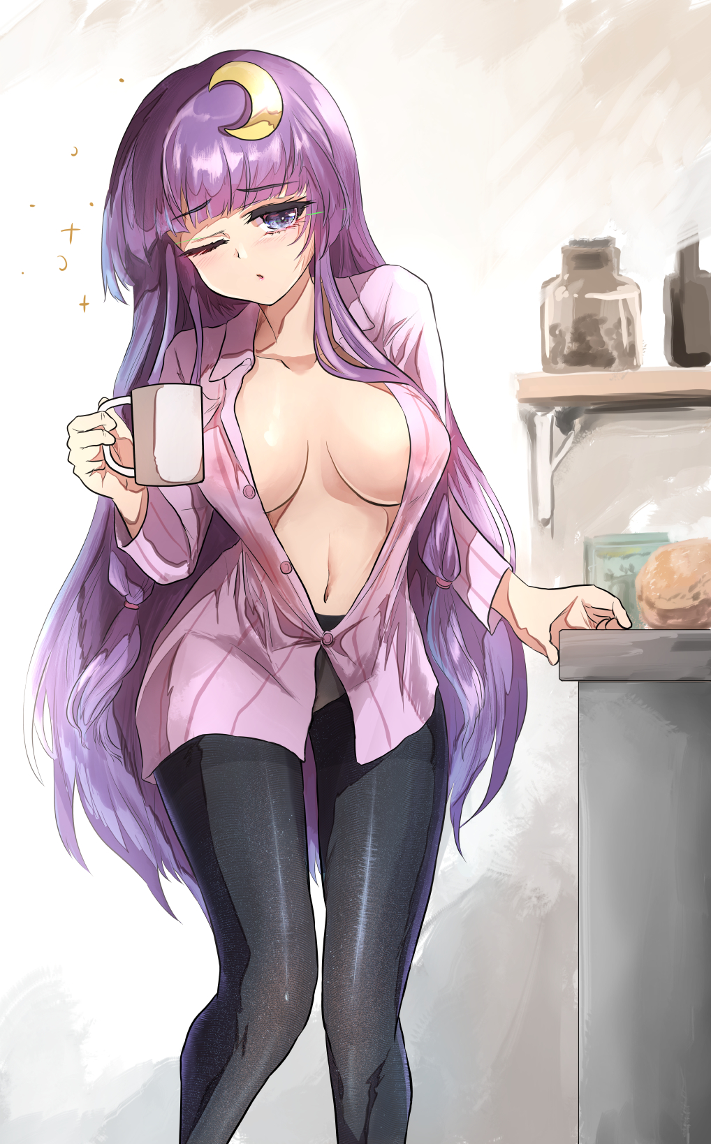 1girl, ;o, black_pantyhose, breasts, cleavage, coffee_mug, crescent, crescent_hair_ornament