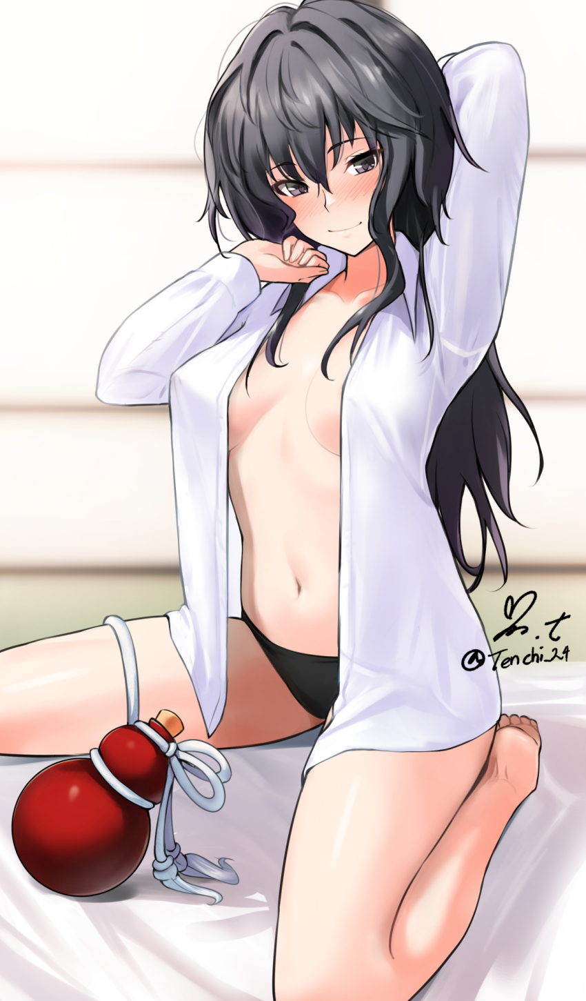 1girl, arm_behind_head, arm_up, barefoot, black_hair, black_panties, blurry, blurry_background