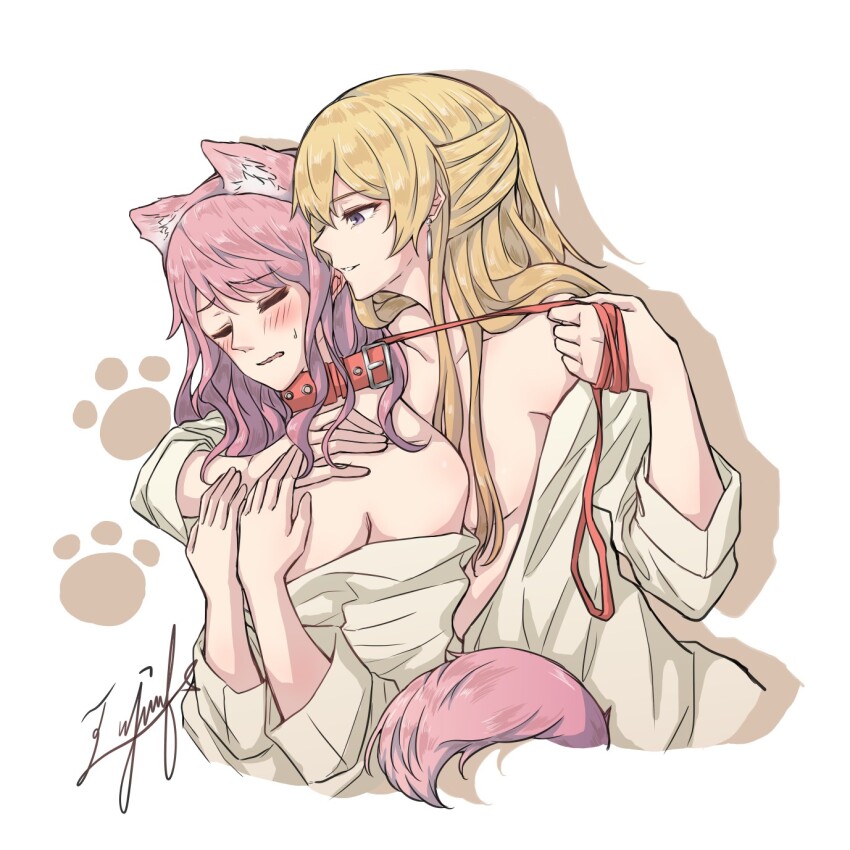 2girls, aiiro_bokujuu, animal_collar, animal_ears, arm_around_neck, bang_dream!, bang_dream!_girls_band_party!, bare_shoulders