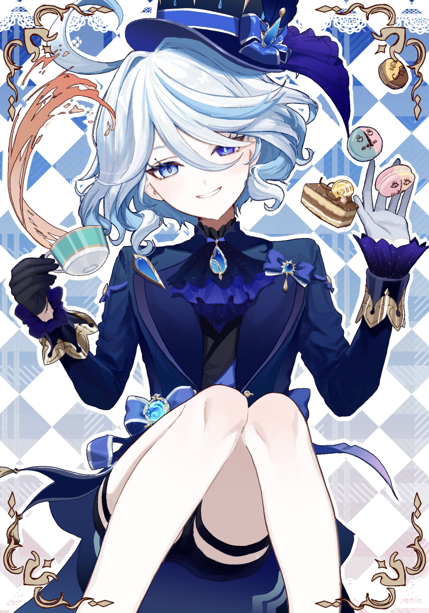 1girl, blue_eyes, blue_hair, blue_hat, cup, drop-shaped_pupils, furina_(genshin_impact), genshin_impact