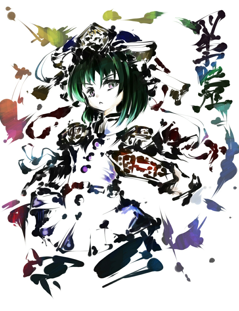 1girl, green_hair, hat, highres, holding, long_sleeves, looking_at_viewer, pink_eyes