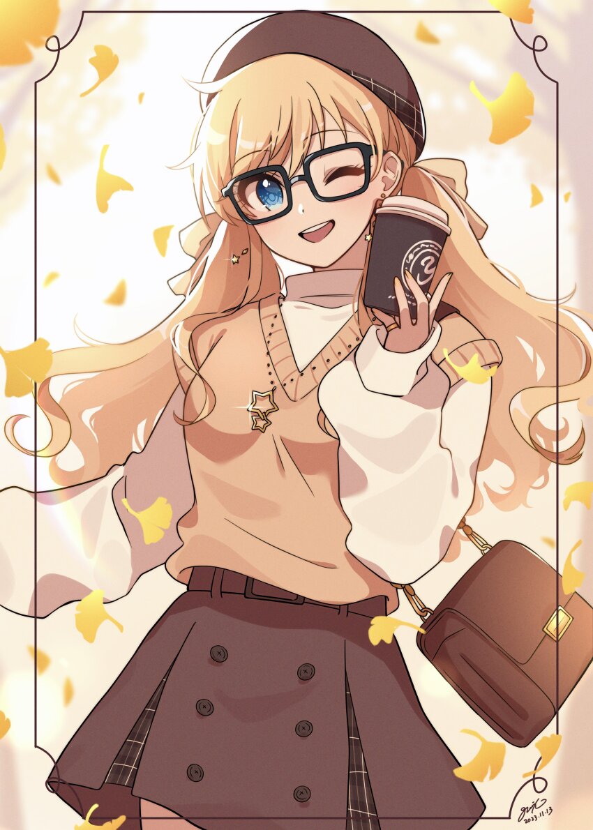 1girl, absurdres, bag, black-framed_eyewear, blonde_hair, blue_eyes, blush, breasts