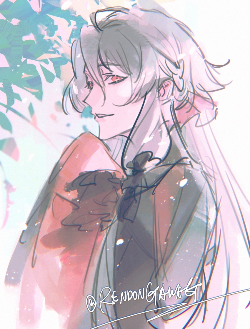 1boy, ahoge, androgynous, ankou_(shuuen_no_virche), black_dress, bow, dress, facing_to_the_side