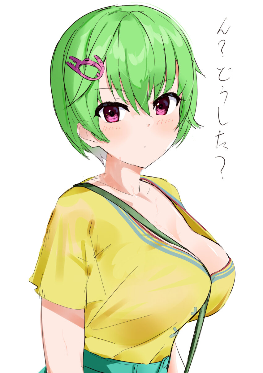 1girl, absurdres, arm_at_side, blush, breasts, casual, closed_mouth, crocodile_hair_ornament