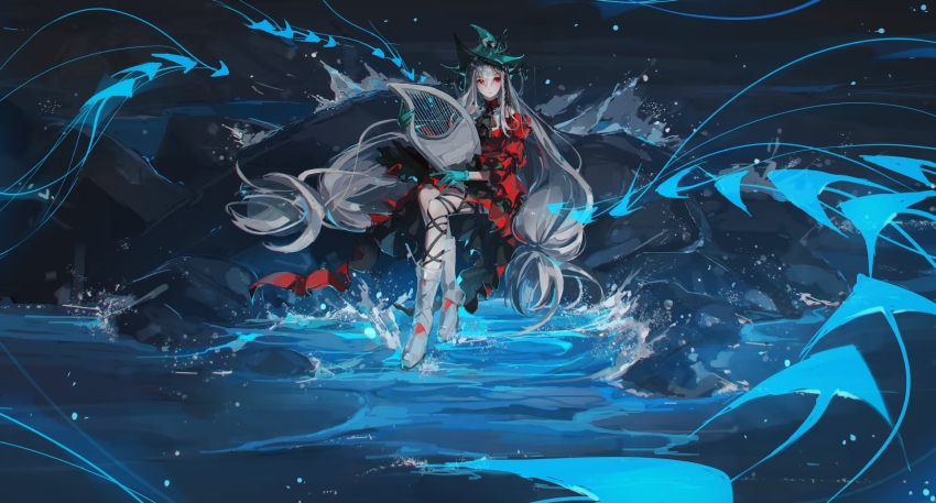 1girl, arknights, ascot, boots, chinese_commentary, commentary, detached_sleeves, dress, fish, flying_fish, foaming_waves, full_body, gloves, green_gloves, green_hat, grey_hair, hair_between_eyes, hat, highres, holding, holding_instrument, instrument, knee_boots, long_bangs, long_hair, looking_to_the_side, ocean, official_alternate_costume, on_rock, playing_harp, pointy_hat, qiang45042, red_dress, red_eyes, rock, shore, simple_fish, sitting, skadi_(arknights), skadi_the_corrupting_heart_(arknights), sleeveless, sleeveless_dress, solo, two-sided_fabric, very_long_hair, waves, white_boots