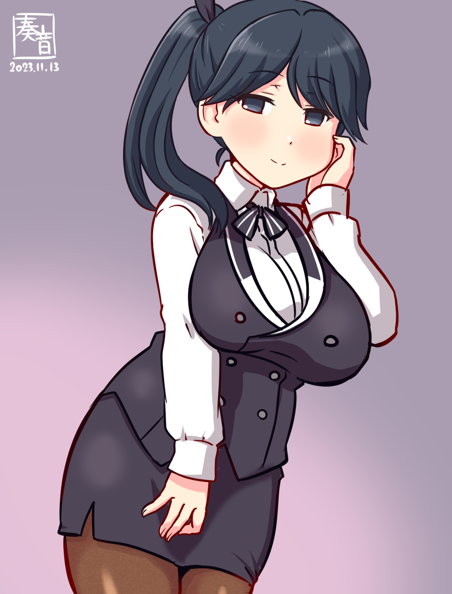 1girl, alternate_costume, aoyama_blue_mountain, aoyama_blue_mountain_(cosplay), artist_logo, bartender, black_hair, blush