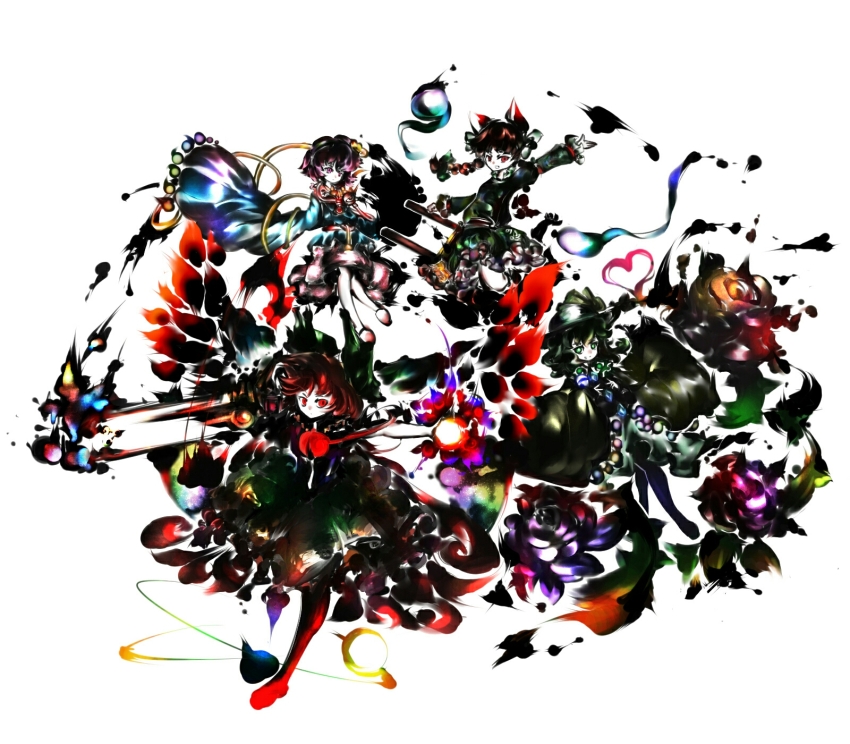 4girls, animal_ears, arm_cannon, atom, black_hair, black_wings, bow, braid