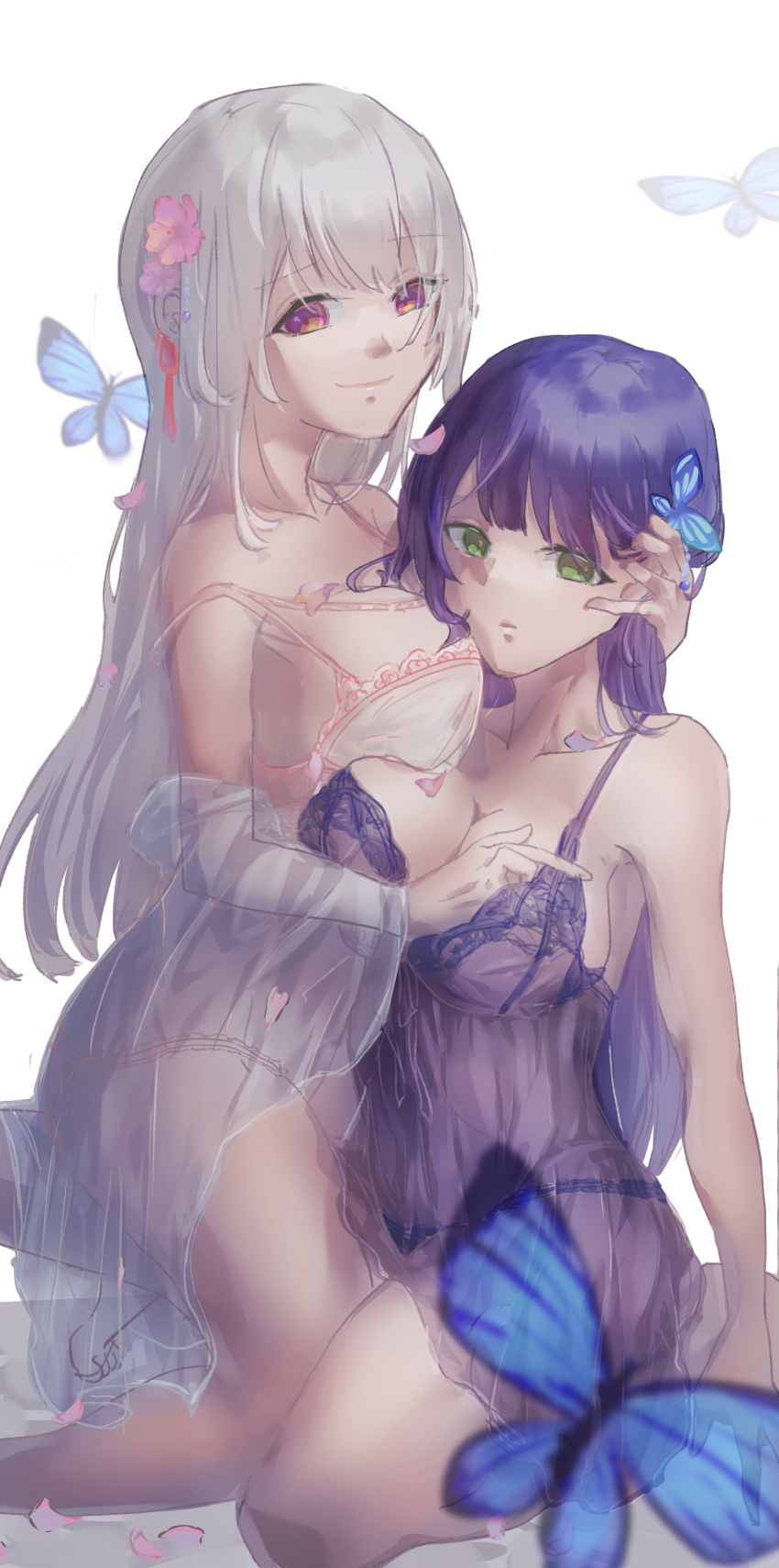 2girls, absurdres, arm_at_side, assault_lily, asymmetrical_docking, babydoll, bare_arms, bare_shoulders, blue_babydoll, blue_butterfly, blue_panties, blurry, blurry_foreground, bra, breast_press, breasts, bug, butterfly, butterfly_hair_ornament, cleavage, closed_mouth, collarbone, falling_petals, feet_out_of_frame, flower, funada_kiito, funada_ui, green_eyes, grey_hair, hair_ornament, hand_on_another's_chest, hand_on_another's_head, hands_up, head_on_chest, highres, incest, insect, jiropi, kneeling, large_breasts, lingerie, long_hair, looking_at_viewer, looking_to_the_side, multiple_girls, off_shoulder, panties, petals, pink_flower, purple_eyes, purple_hair, see-through_clothes, siblings, simple_background, sisters, strap_slip, tassel, tassel_hair_ornament, underwear, underwear_only, white_background, white_bra, yuri