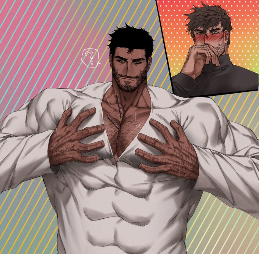 2boys, ?, aroused_nosebleed, bara, beard_stubble, blush, brown_hair, chest_hair, couple, covered_abs, dobek_k, facial_hair, food_between_pectorals, hairy, hand_hair, highres, knuckle_hair, large_pectorals, long_sleeves, looking_at_another, looking_at_viewer, male_focus, multiple_boys, muscular, muscular_male, mustache_stubble, nosebleed, original, pectoral_cleavage, pectoral_squeeze, pectorals, pocky_day, short_hair, smile, solo_focus, spoken_question_mark, strongman_waist, stubble, tsurime, upper_body, yaoi