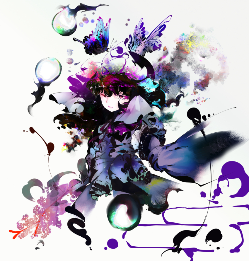 1girl, bug, butterfly, frills, hat, highres, insect, japanese_clothes, kimono, long_sleeves, looking_at_viewer, mob_cap, one_eye_closed, purple_eyes, purple_hair, saigyouji_yuyuko, short_hair, sleeves_past_wrists, solo, sukunashi_negi, touhou, triangular_headpiece