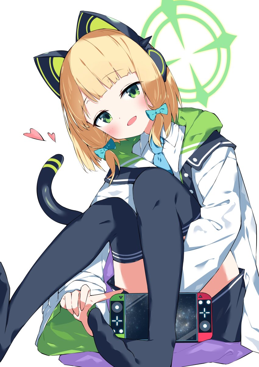 1girl, :d, absurdres, animal_ear_headphones, animal_ears, black_shorts, black_thighhighs, blonde_hair