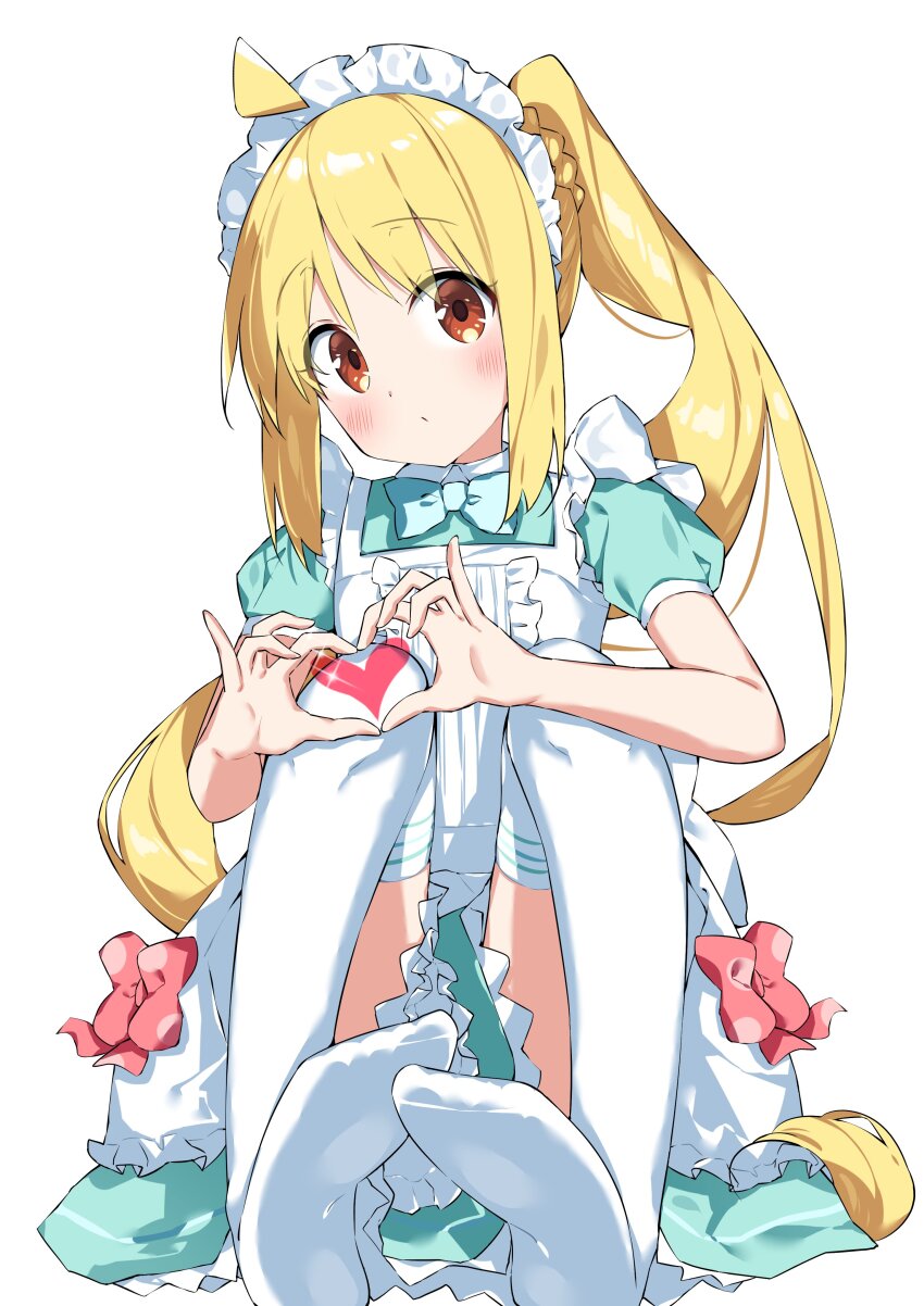 1girl, absurdres, ahoge, alternate_costume, apron, aqua_dress, blonde_hair, blush