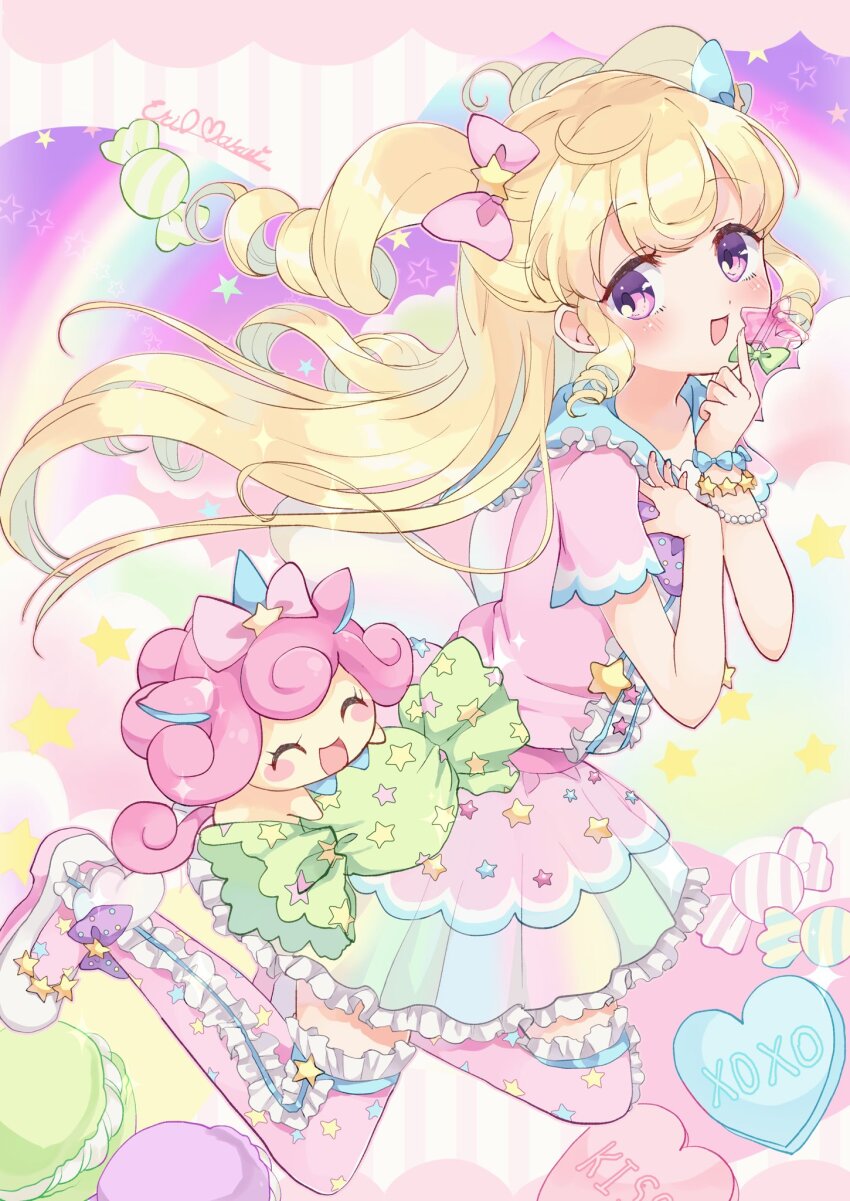 1girl, :d, blonde_hair, blush, bow, bracelet, candy, closed_eyes