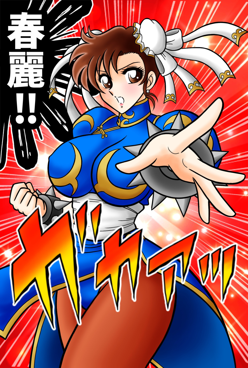 1girl, bracelet, breasts, brown_eyes, brown_hair, bun_cover, capcom, china_dress