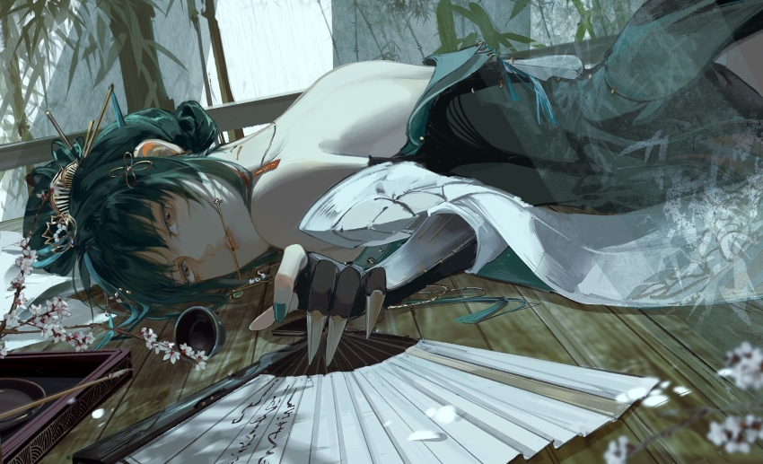 1girl, acid_(t566cs7a), arm_guards, bamboo, bamboo_leaf, bare_back, bare_shoulders, black_gloves