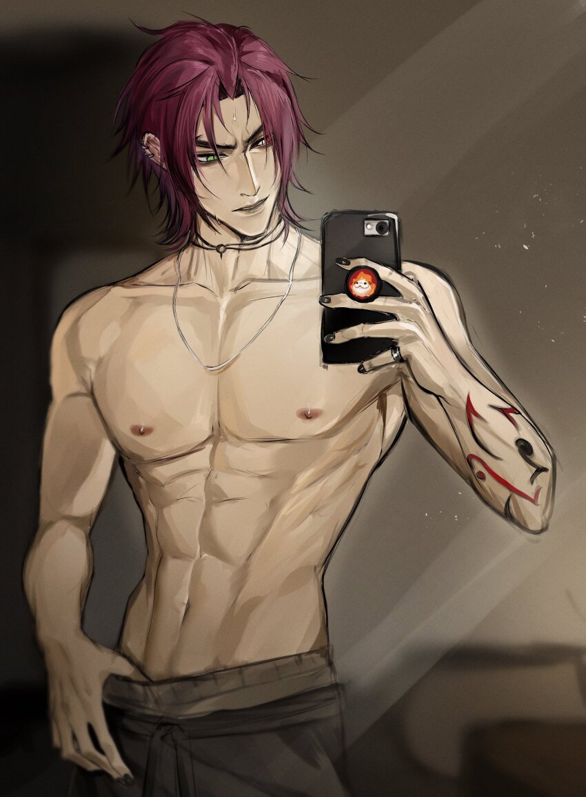 1boy, abs, black_nails, black_pants, collarbone, colored_sclera, cowboy_shot, earrings, fingernails, green_eyes, heartsteel_kayn, heterochromia, highres, holding, holding_phone, jewelry, kayn_(league_of_legends), league_of_legends, male_focus, muscular, muscular_male, nail_polish, navel, necklace, nipples, official_alternate_hairstyle, pants, parted_bangs, parted_lips, phone, purple_hair, red_sclera, ring, short_hair, solo, standing, stomach, sweatdrop, topless_male, white_eyes, zyrophin