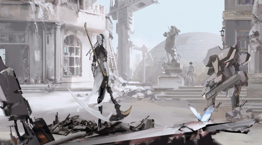 2girls, absurdres, acid_(t566cs7a), back, billboard, blue_butterfly, bodysuit, bonnet, broken_statue, broken_window, bug, butterfly, cable, chainsword, city, colored_skin, dome, dress, european_architecture, grey_hair, haicma:_starveil_(pgr), haicma_(pgr), haicma_(punishing:_gray_raven), hanging_lantern, highres, holding, holding_scythe, holding_weapon, huge_weapon, insect, joints, mecha, mechanical_arms, mechanical_legs, multiple_girls, nanami:_starfarer_(pgr), nanami_(pgr), on_stairs, pillar, pilot_suit, power_(pgr), punishing:_gray_raven, robot, robot_joints, rubble, ruins, scythe, side_slit, stairs, statue, strapless, strapless_dress, weapon, white_bodysuit, white_dress, white_hair, white_headwear