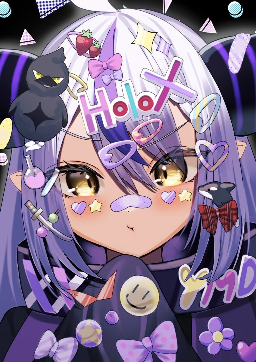 1girl, ahoge, bandaid_on_horn, black_horns, braid, braided_bangs, crow_(la+_darknesss), grey_hair