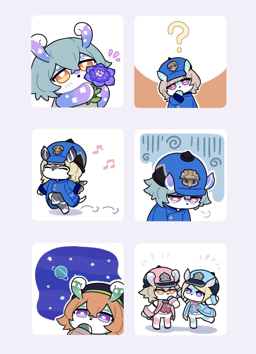 6+girls, puff_of_air, ?, ^_^, aeife_(genshin_impact), aeval_(genshin_impact), animal_ears, aqua_bow, aqua_bowtie, aqua_coat, aqua_headwear, arms_up, beamed_eighth_notes, beret, blonde_hair, blue_coat, blue_headwear, blunt_bangs, blush, bow, bowtie, bright_pupils, brown_hair, buttons, chibi, closed_eyes, coat, commentary_request, cosanzeana_(genshin_impact), crossed_bangs, crying, detached_sleeves, dress, eighth_note, elphane_(genshin_impact), flower, genshin_impact, green_dress, grey_background, grey_hair, hair_between_eyes, hand_up, hat, head_down, head_tilt, highres, holding, holding_flower, leg_up, liath_(genshin_impact), light_brown_hair, long_sleeves, mamere_(genshin_impact), medium_hair, melusine_(genshin_impact), menthe_(genshin_impact), multiple_girls, musical_note, notice_lines, omochi_binta, orange_eyes, peaked_cap, pink_bow, pink_bowtie, pink_coat, pink_headwear, planet, purple_eyes, purple_flower, sad, short_hair, simple_background, skipping, sleeveless, sleeveless_dress, standing, standing_on_one_leg, star_(sky), star_(symbol), sumeru_rose_(genshin_impact), swept_bangs, tail, tears, thinking, white_background, white_pupils, yellow_eyes