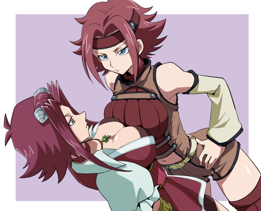 2girls, blue_eyes, breast_press, breasts, breasts_squeezed_together, brown_eyes, choker, cleavage, code_geass, color_connection, crossover, dress, elbow_gloves, female_focus, flipped_hair, gloves, hair_intakes, hairstyle_connection, izayoi_aki, jewelry, kouzuki_kallen, large_breasts, long_hair, look-alike, looking_at_another, medium_hair, multiple_girls, navel, necklace, red_dress, red_hair, shiny_skin, shorts, sleeveless, sleeveless_turtleneck, symmetrical_docking, trait_connection, turtleneck, uma_(umagaobanana), wide_hips, yu-gi-oh!, yu-gi-oh!_5d's