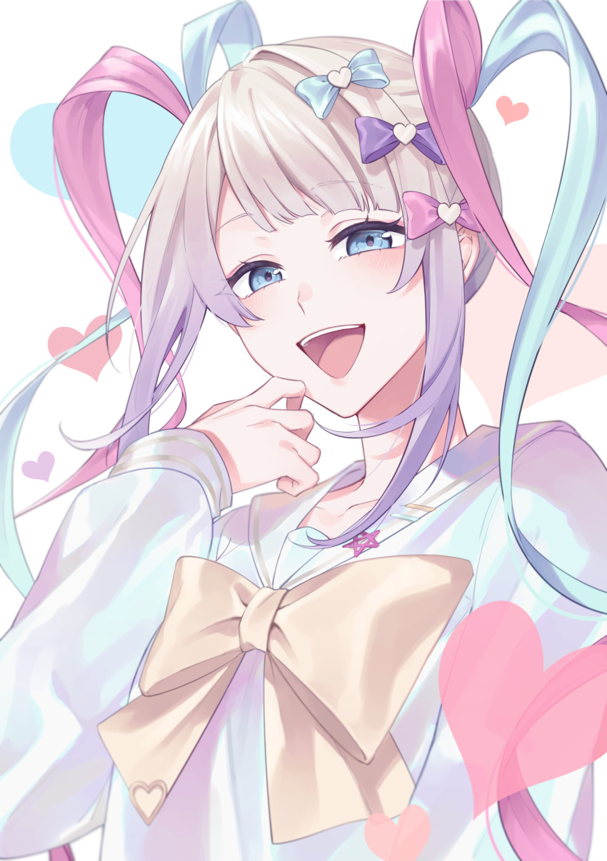 1girl, :d, absurdres, blonde_hair, blue_bow, blue_eyes, blue_hair, blue_shirt