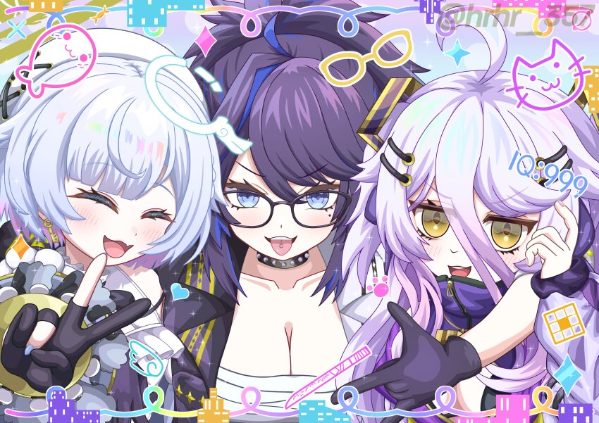 3girls, absurdres, ahoge, amemiya_nazuna, amemiya_nazuna_(1st_costume), beret, black-framed_eyewear, black_bra