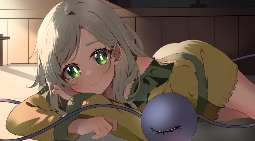 1girl, amane_alice, bed, blush, closed_mouth, eyelashes, frilled_shirt_collar, frills