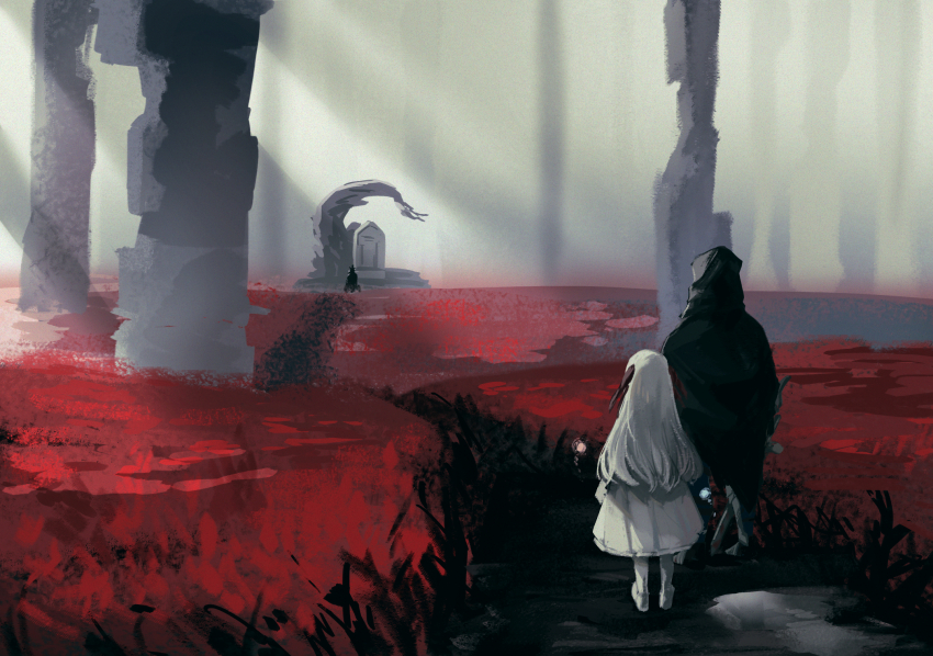 1boy, 1girl, anui, black_cloak, cloak, commentary_request, dappled_sunlight, dress