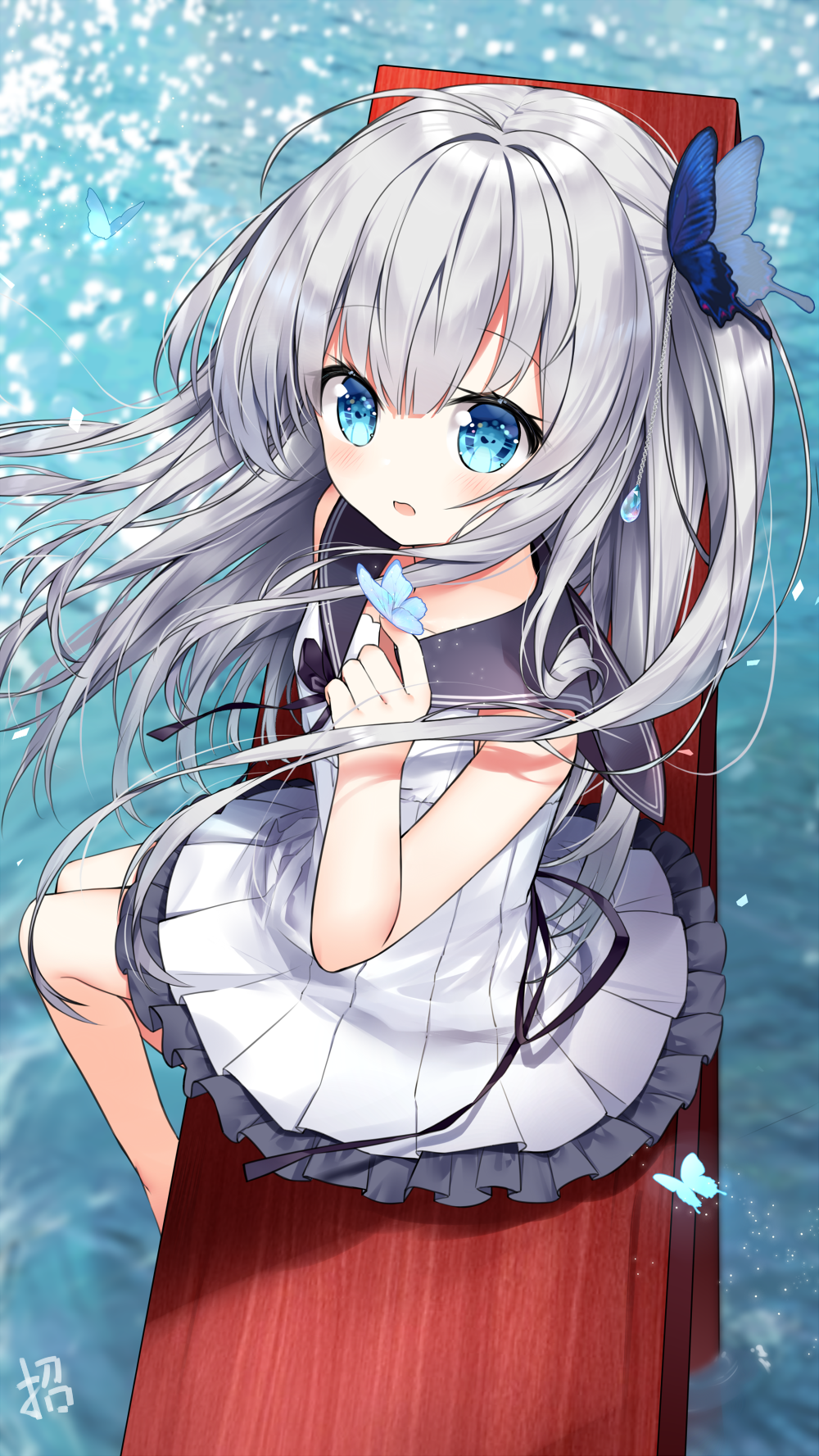 1girl, ahoge, bare_arms, black_ribbon, black_sailor_collar, blue_butterfly, blue_eyes, blush