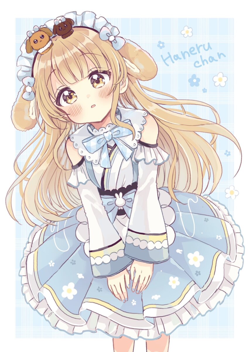 1girl, animal_ears, bare_shoulders, blonde_hair, blue_background, blue_bow, blue_skirt, blush, bow, brown_eyes, commentary_request, dog_ears, frilled_skirt, frills, highres, inaba_haneru_(9th_costume)_(animare), inaba_haneru_(animare), long_hair, long_sleeves, looking_at_viewer, maid_headdress, nanashi_inc., parted_lips, plaid_background, plaid_bow, pleated_skirt, sakura_oriko, skirt, sleeves_past_wrists, solo, two-tone_background, very_long_hair, virtual_youtuber, white_background, wide_sleeves