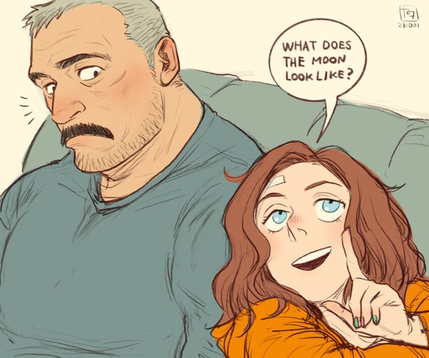 1boy, 1girl, aaron_gruber_(o_natsuo88), age_difference, bandaged_head, bandages, beard_stubble, blue_eyes