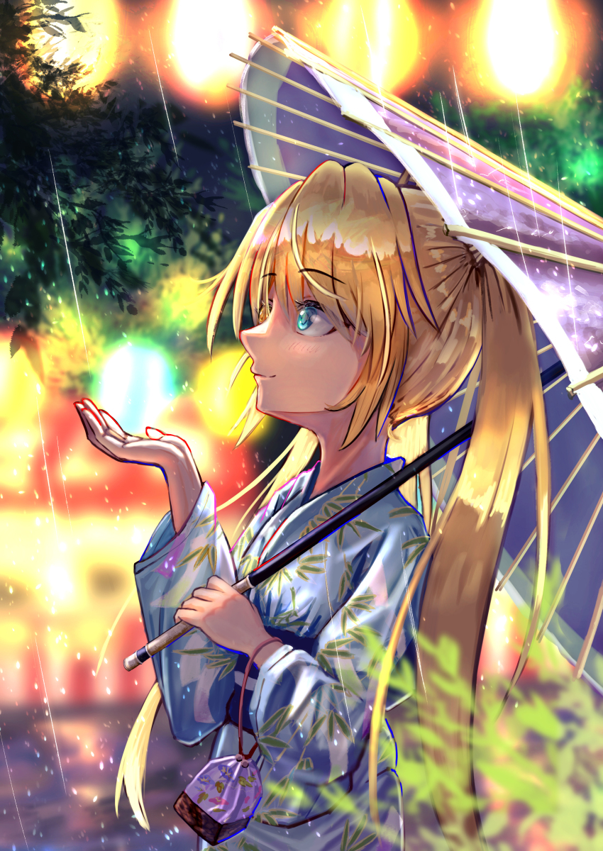 1girl, absurdres, alternate_costume, blonde_hair, blue_eyes, blue_kimono, blurry, blurry_background