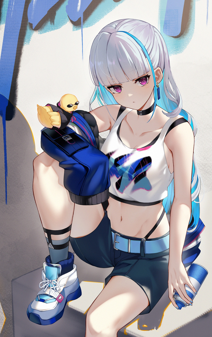 1girl, bare_shoulders, belt, black_choker, black_shorts, black_tank_top, blue_belt, blue_hair