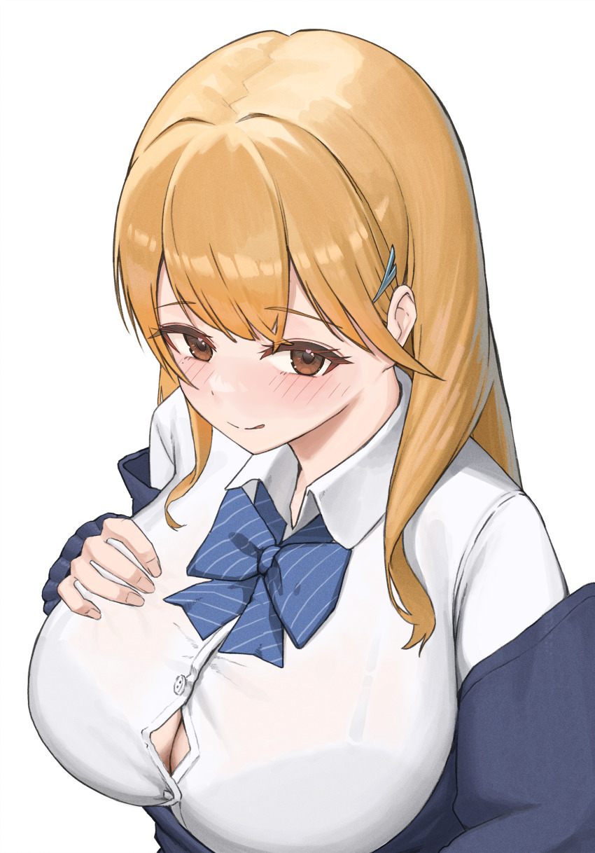 1girl, absurdres, blonde_hair, blue_bow, blue_bowtie, blue_jacket, blush, bow