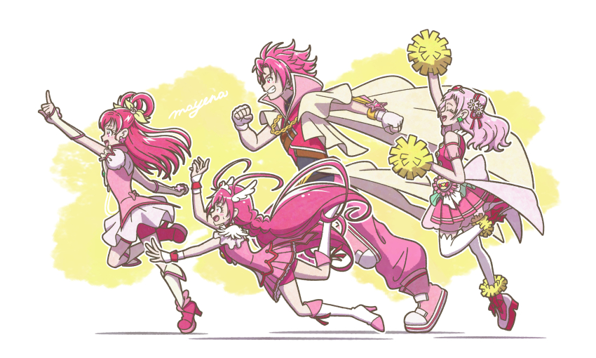 1boy, 3girls, absurdres, boots, coattails, cure_break, cure_dream, cure_happy