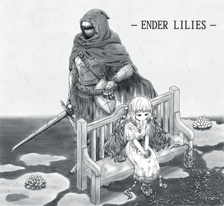 1boy, 1girl, bench, cloak, commentary_request, copyright_name, corruption, dress, ender_lilies_quietus_of_the_knights, enutsuu, flower, full_body, greyscale, highres, holding, holding_sword, holding_weapon, hood, hood_up, hooded_cloak, jewelry, lily_(ender_lilies), long_hair, monochrome, multicolored_hair, necklace, own_hands_together, pendant, puddle, rain, ripples, sitting, sword, tendril, two-tone_hair, umbral_knight_(ender_lilies), water_lily_flower, weapon