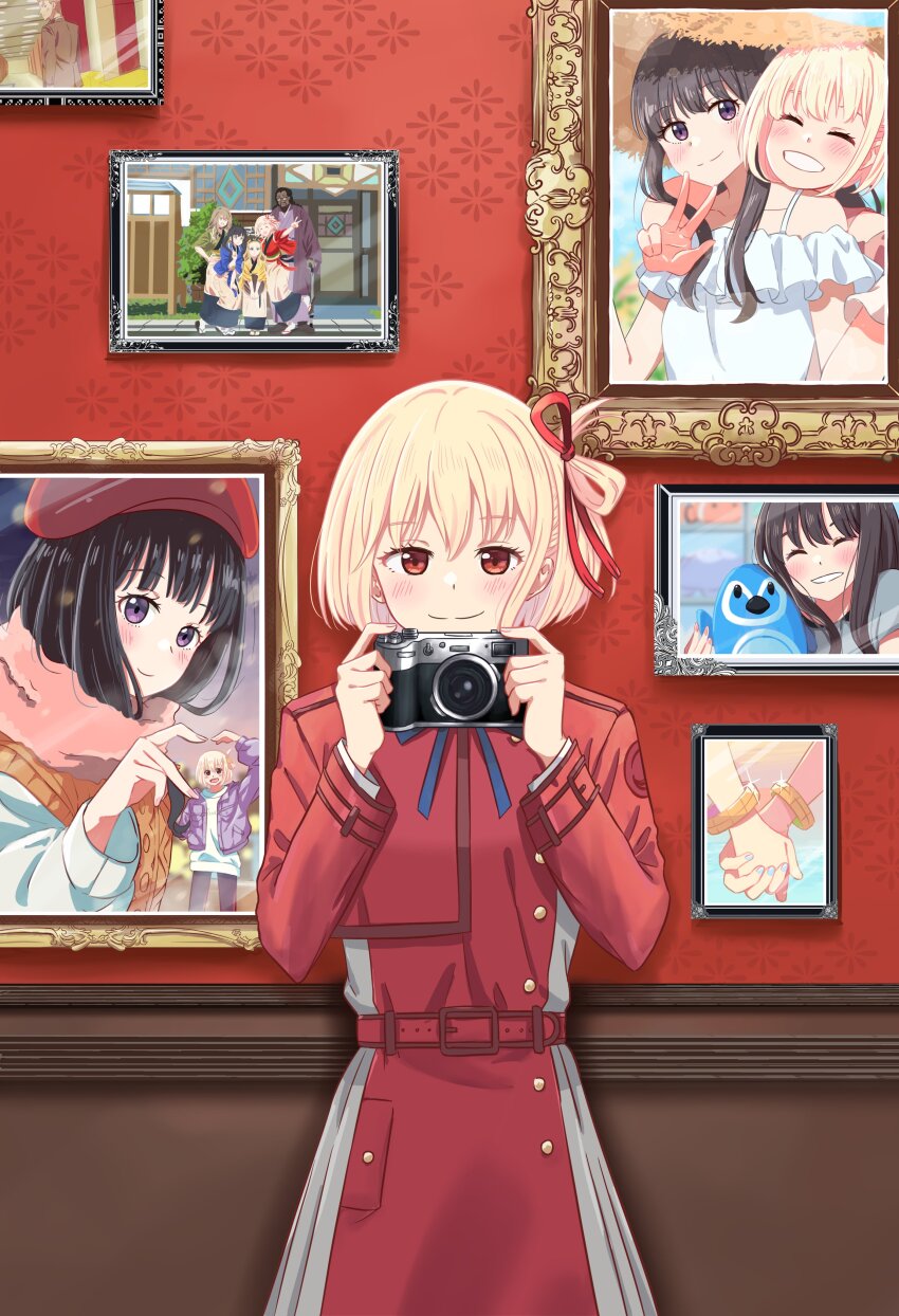 1boy, 4girls, absurdres, alternate_costume, black_hair, blonde_hair, camera, chai_haru