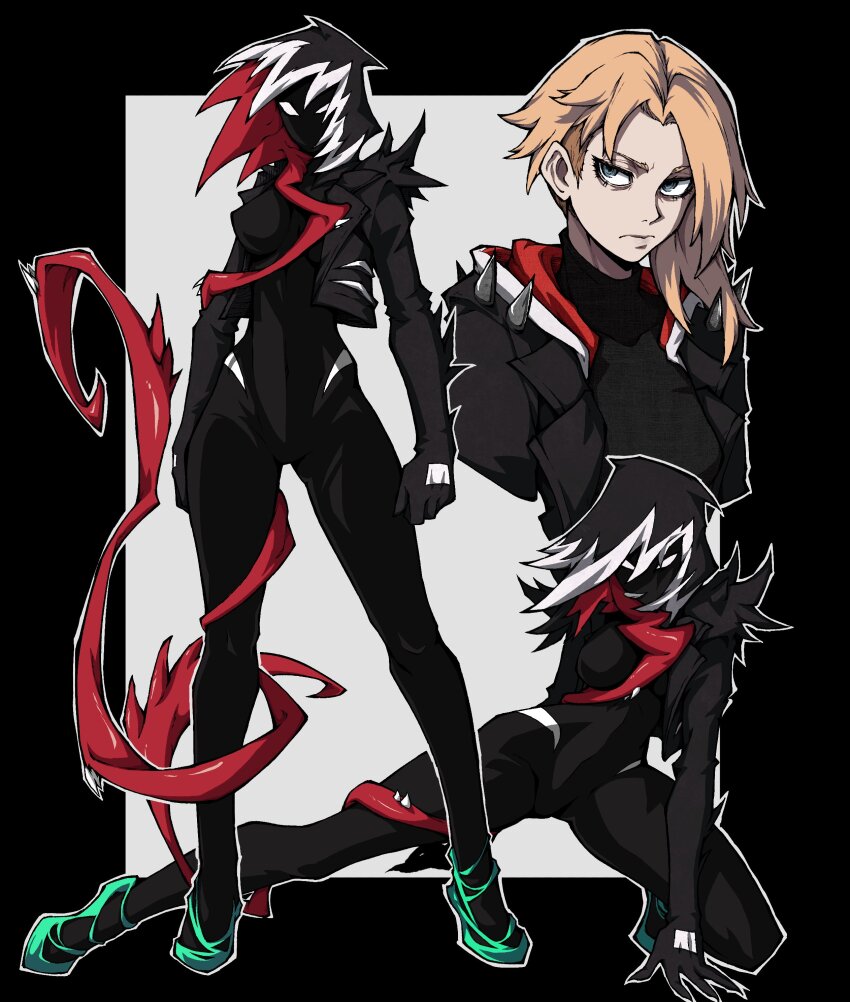 1girl, absurdres, asymmetrical_hair, bags_under_eyes, black_bodysuit, black_gloves, blonde_hair, bodysuit, commentary, english_commentary, full_body, gloves, gwen_stacy, gwenom, highres, hood, kekel, long_tongue, looking_at_viewer, marvel, mask, medium_hair, multiple_views, outside_border, shoulder_spikes, spider-gwen, spider-man_(series), spikes, symbiote, teeth, tongue, very_long_tongue