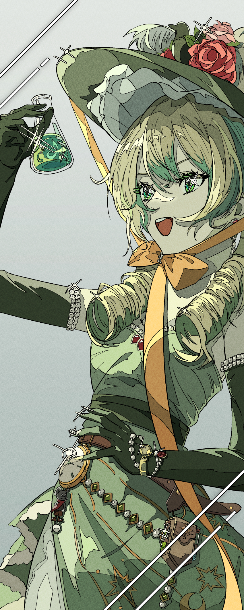 1girl, absurdres, belt, belt_pouch, blonde_hair, bracelet, brooch, chinstrap