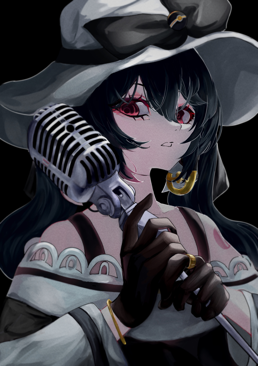 1girl, absurdres, black_bow, black_gloves, bow, bracelet, dark_miku_(project_voltage), earrings, eyelashes, gloves, gold_bracelet, hashigo, hat, hat_bow, hatsune_miku, highres, holding, holding_microphone, jewelry, long_sleeves, looking_at_viewer, microphone, nintendo, off_shoulder, parted_lips, pokemon, project_voltage, red_eyes, ring, vocaloid