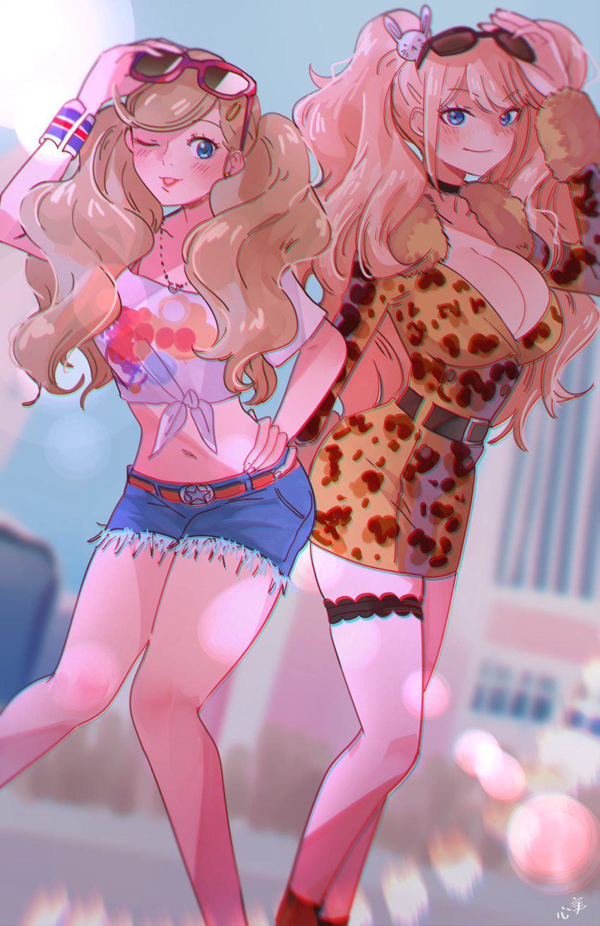 2girls, absurdres, amekaji_gyaru, animal_print, black_footwear, blonde_hair, blue_hair, blush