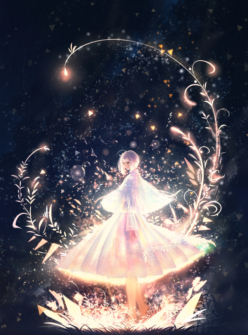 1girl, abstract_background, absurdres, arcaea, barefoot, black_eyes, dress, highres